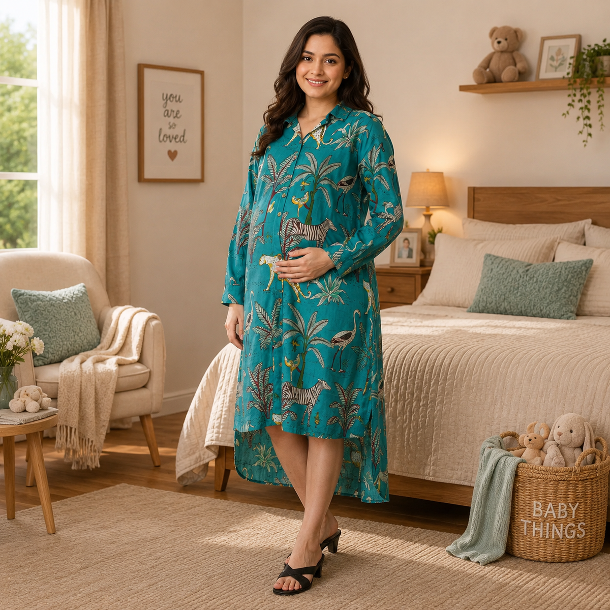 Teal Tropic Safari Maternity and Nursing Oversized Shirt Dress Multi
