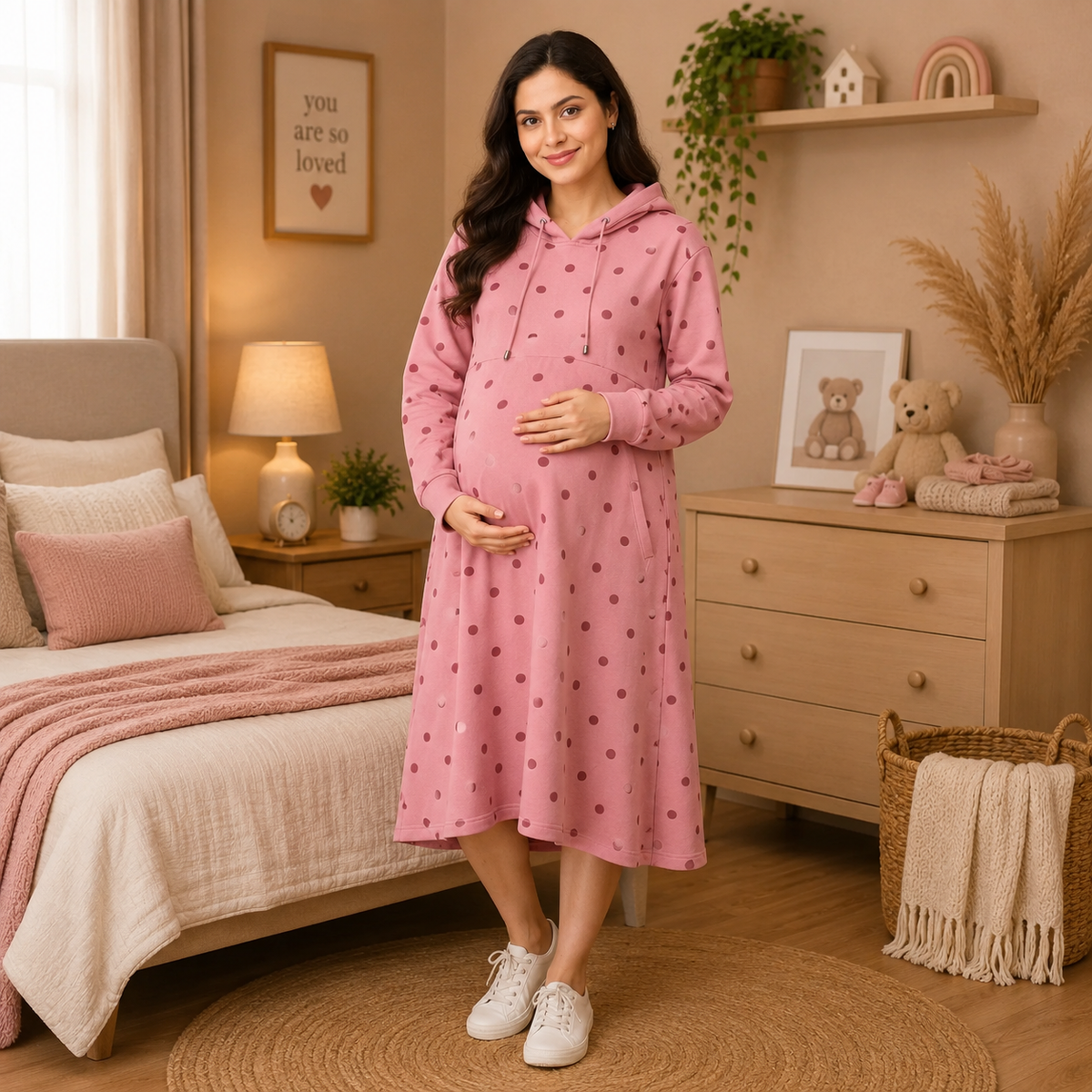 Dot Dot Blush Maternity and Nursing Hoodie Dress Pink