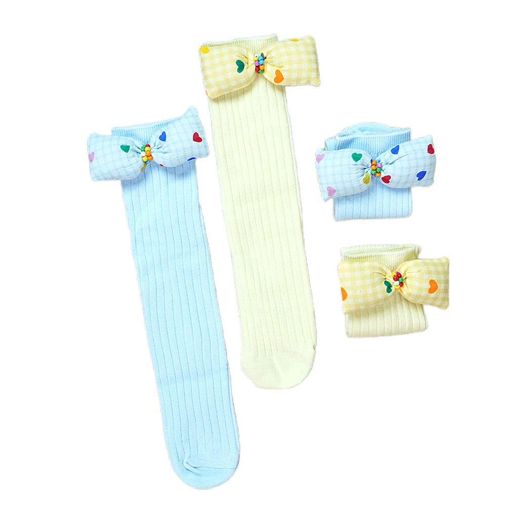Little Surprise Box Blue Yellow Mini Hearts 3D Bow Socks Set