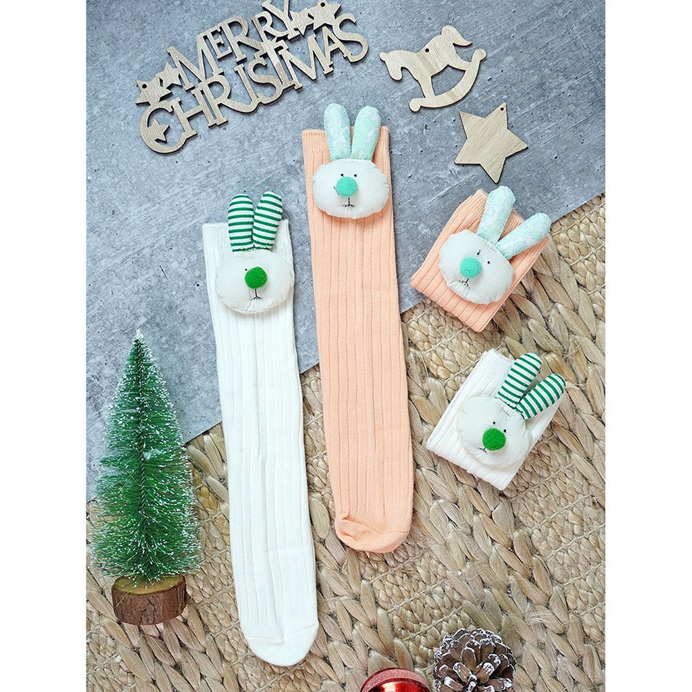 Little Surprise Box Cream Peach 3D Rabbit Face Socks Set
