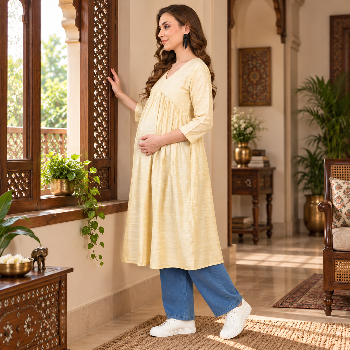 Sukoon Maternity & Nursing Silk Kurta – Cream