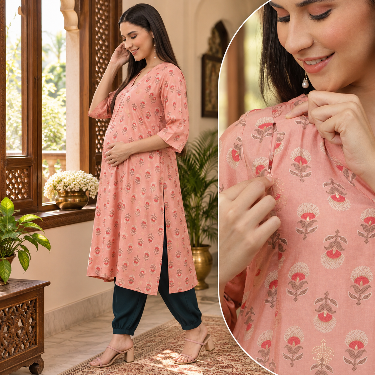 Peach Maternity & Nursing Kurta Set
