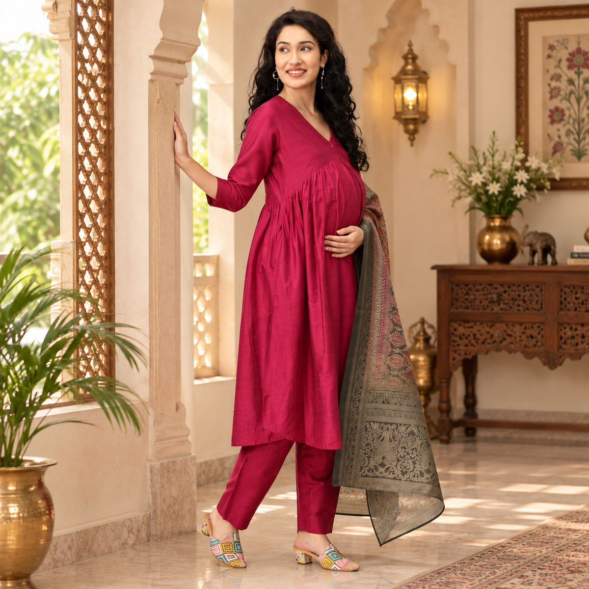 Magenta Maternity & Nursing Silk Kurta Set