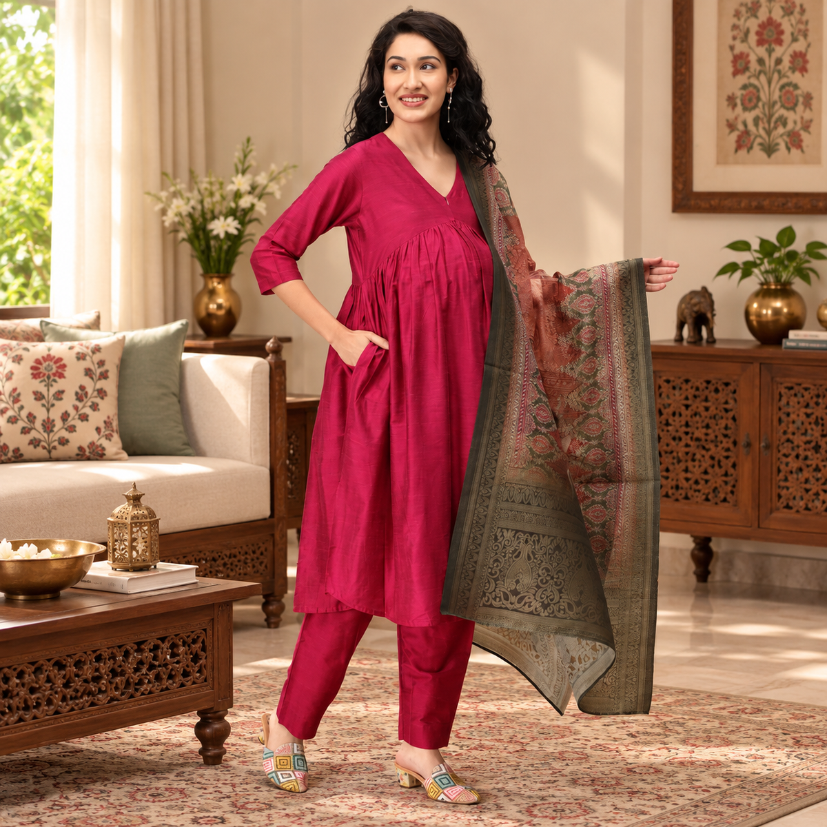Magenta Maternity & Nursing Silk Kurta Set
