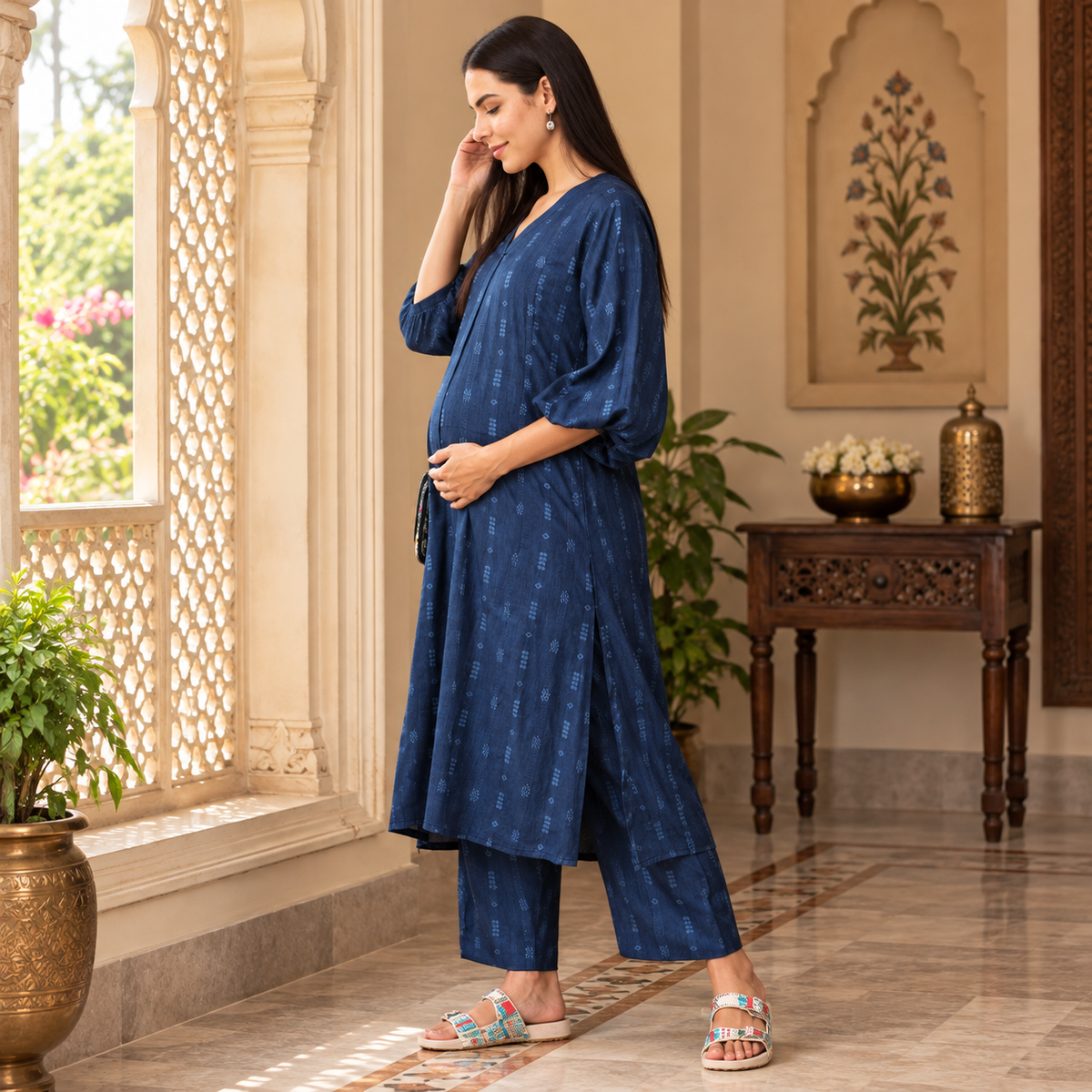 Navy Blue Self-Weave Maternity & Nursing Co-ord Set