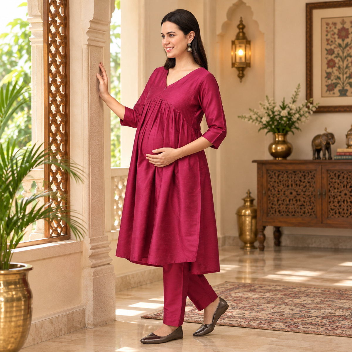 Magentastic Maternity and Nursing Silk Kurta Set Magenta