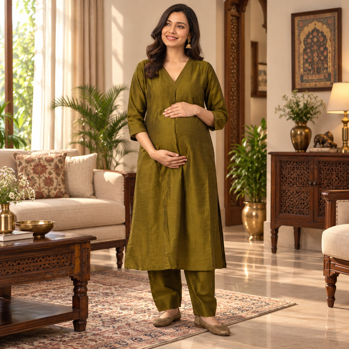 Sassy in Sage Embroidered Maternity and Nursing Silk Kurta Set Olive