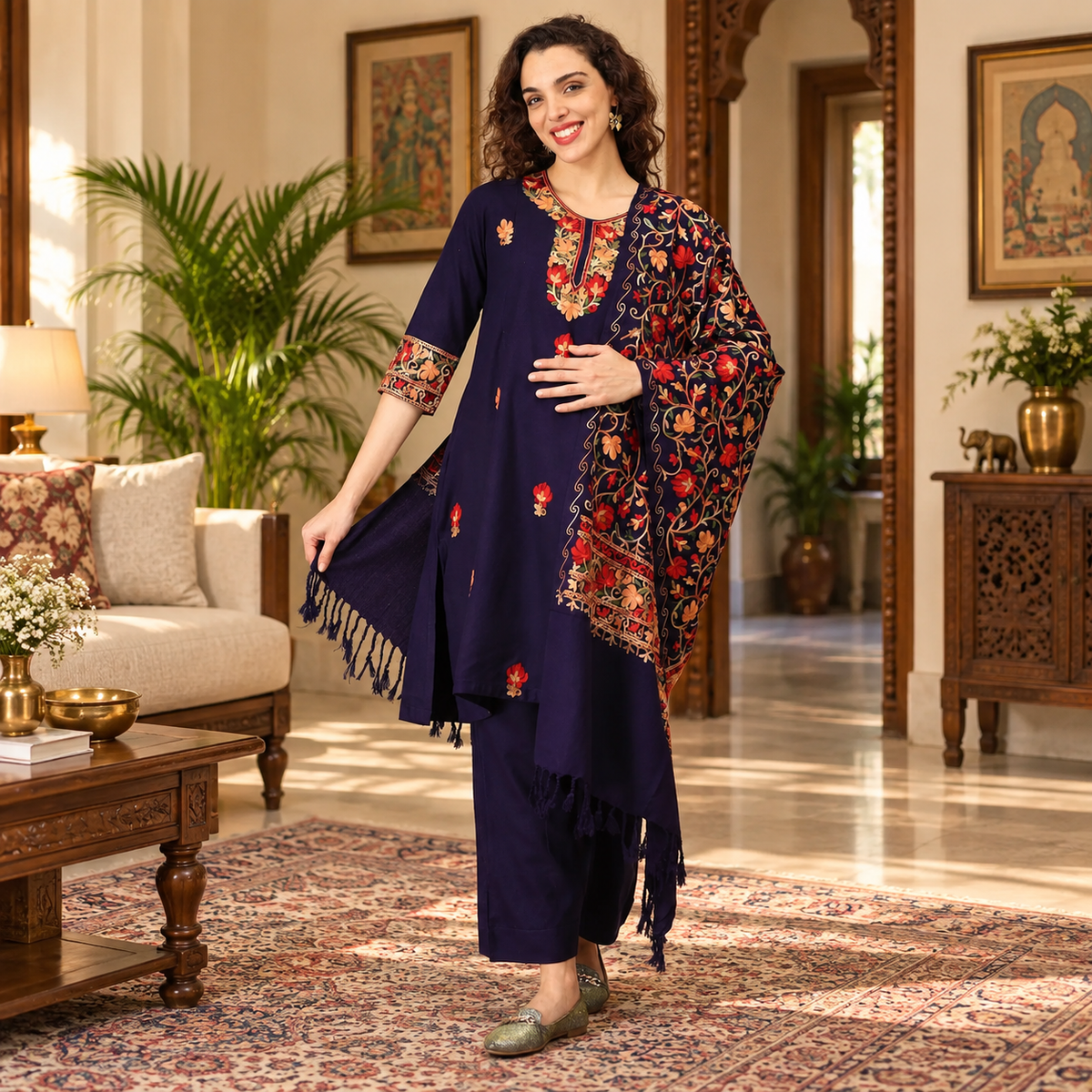 Sitara-e-Neel Cashmilon Maternity & Nursing Kurta Set – Navy Blue