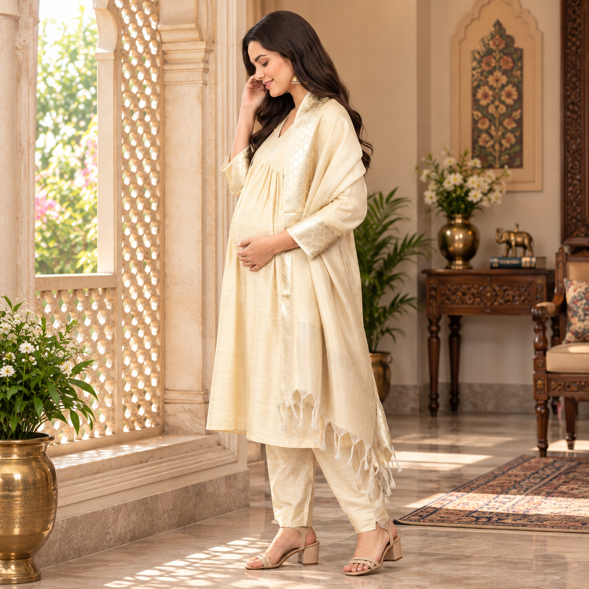 Onakkodi Maternity and Nursing Silk Kurta Set Off-white