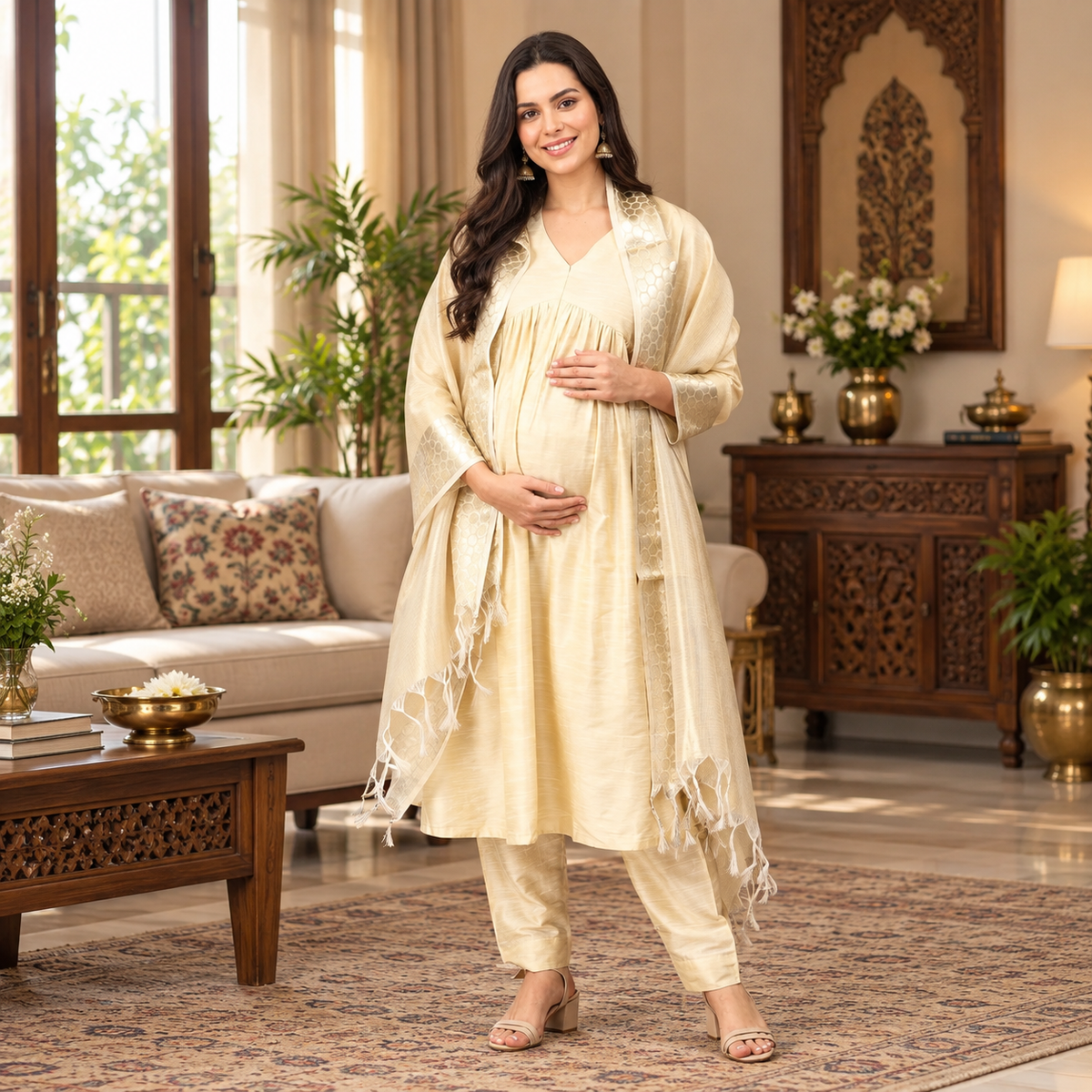Onakkodi Maternity and Nursing Silk Kurta Set Off-white