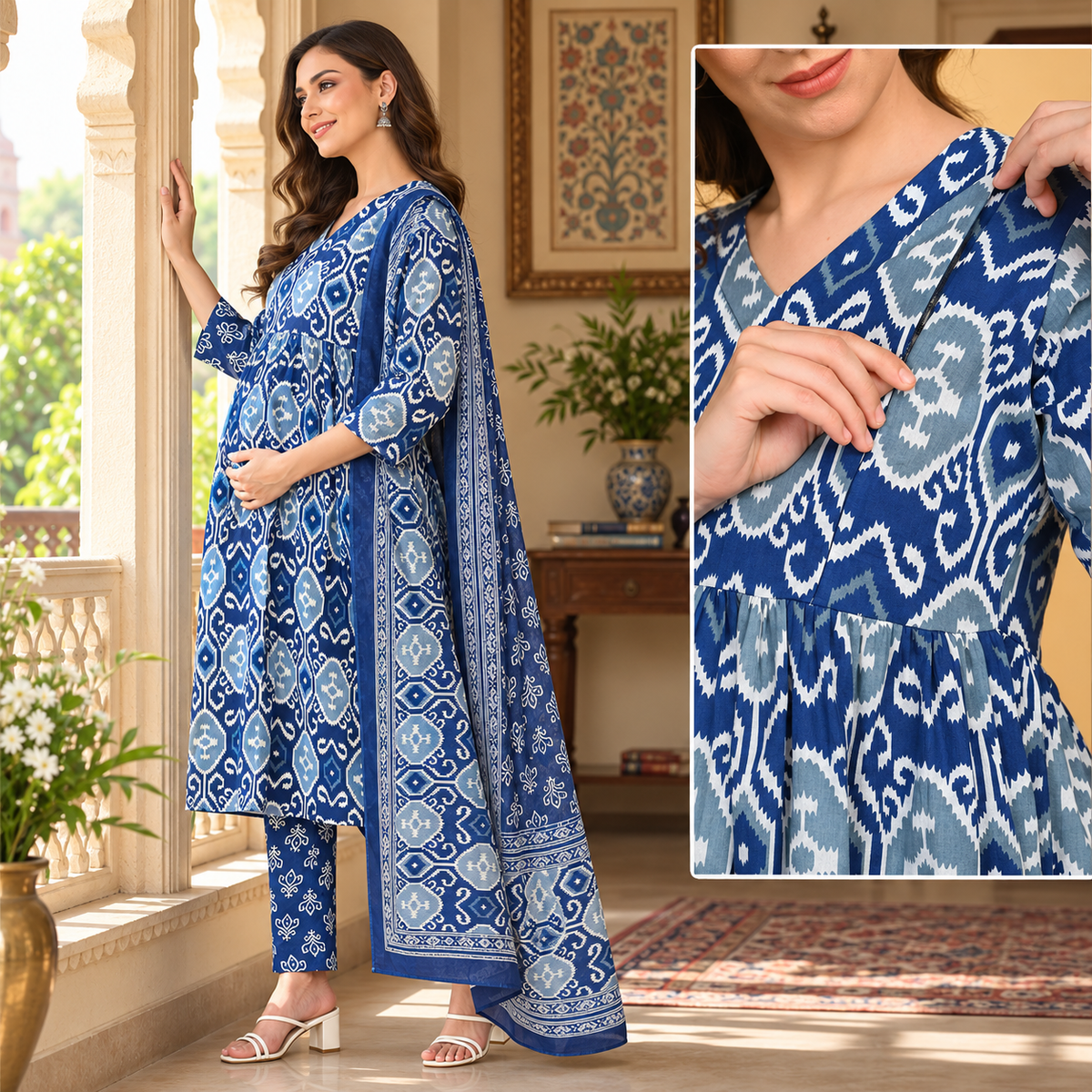 Indigo Mode Maternity and Nursing Kurta Set Blue