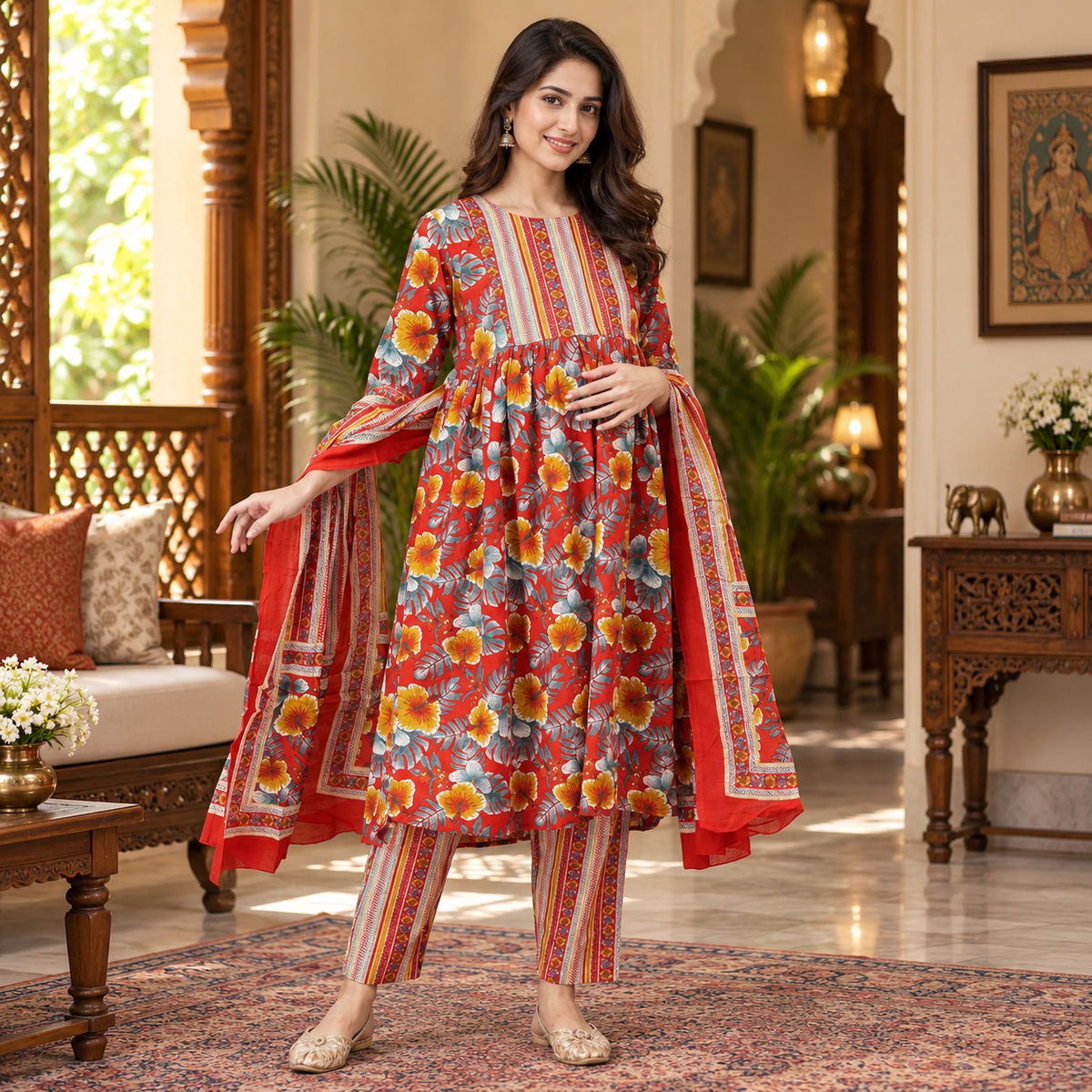 Sindoor Tara Maternity and Nursing Kurta Set Red