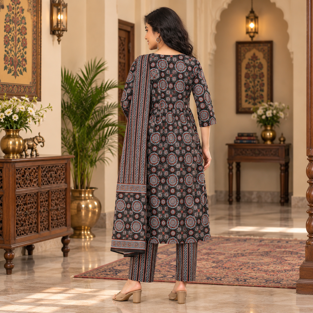 Ajrakh Edit Maternity and Nursing Kurta Set Black