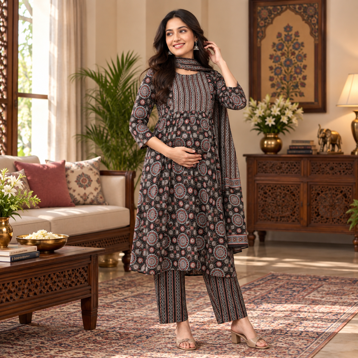 Ajrakh Edit Maternity and Nursing Kurta Set Black