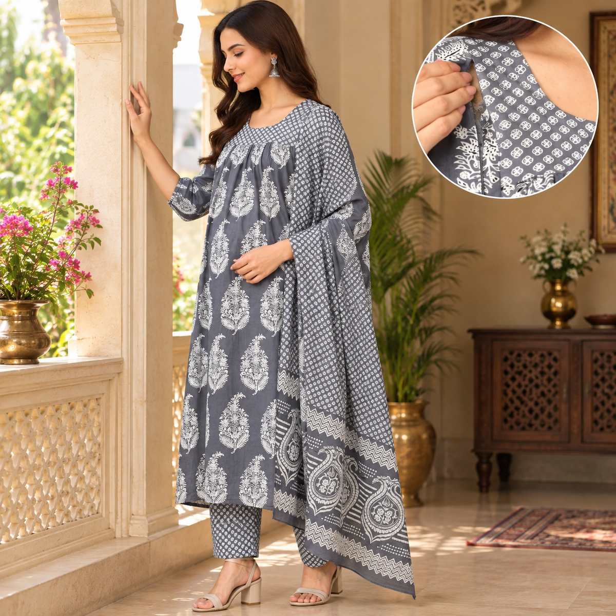 Naval Nirvana Maternity and Nursing Kurta Set Grey
