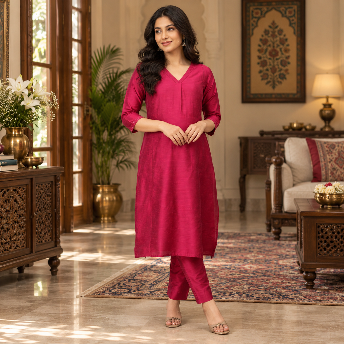 Magenta Haze Embroidered Maternity and Nursing Kurta Set Magenta