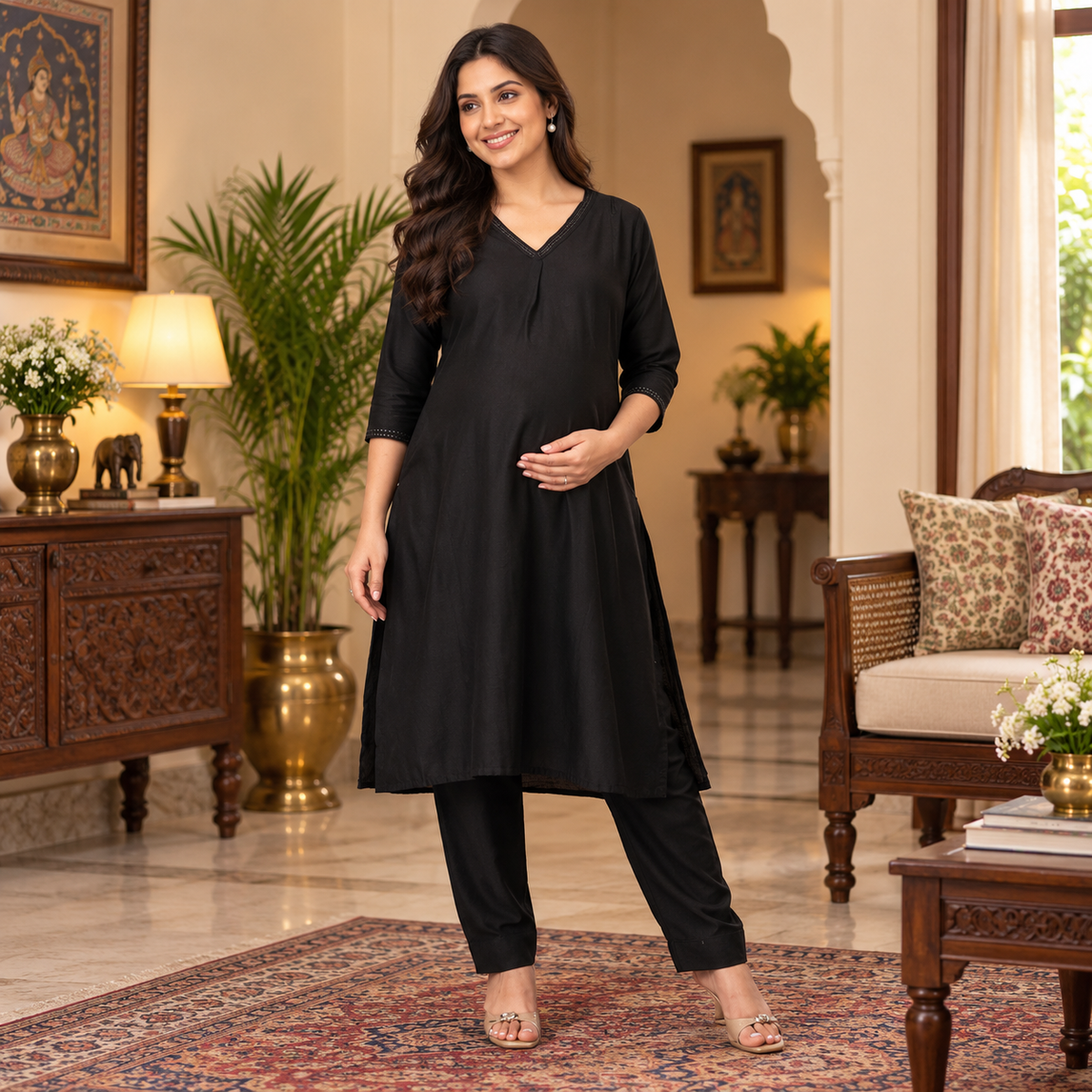 Ebony Embroidered Maternity and Nursing Silk Kurta Set Black