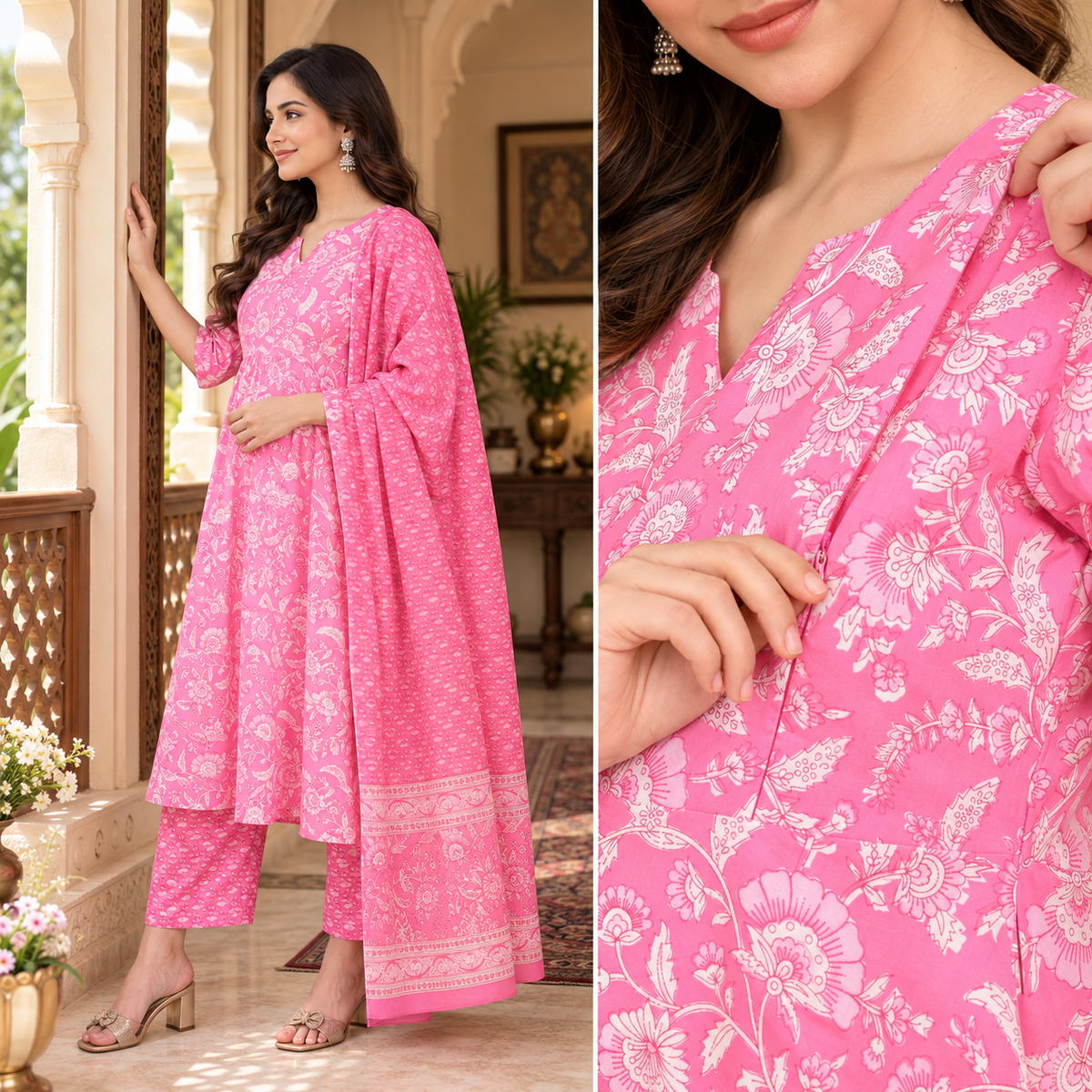 Mehr e Gulabi Maternity and Nursing Kurta Set Pink