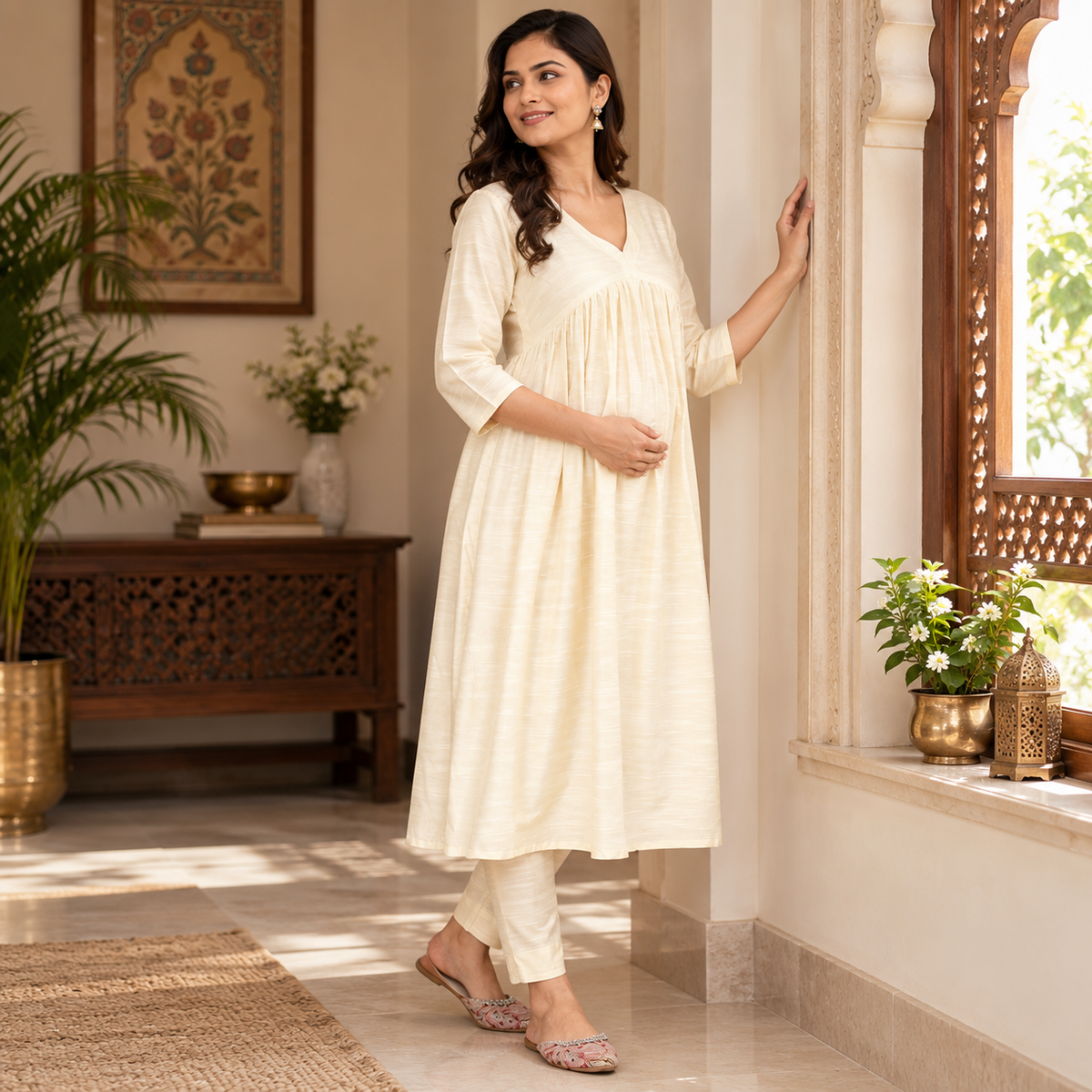 Vanilla Chai Maternity and Nursing Silk Kurta Set Off White