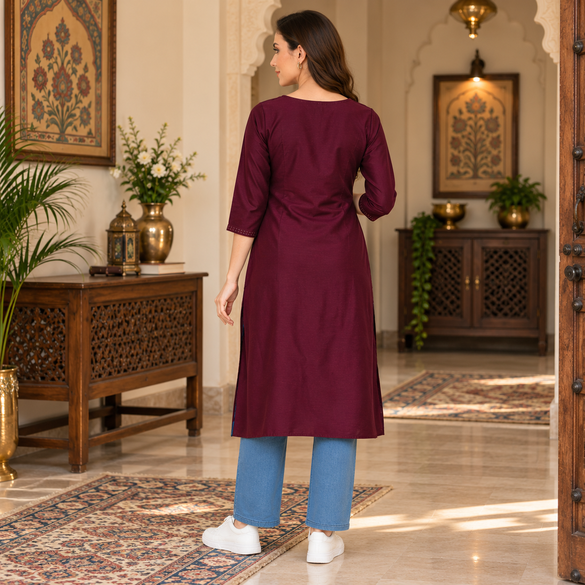Wine Embroidered Maternity and Nursing Silk Kurta Wine