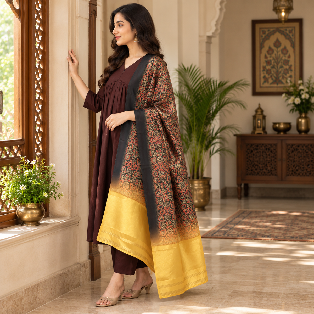 Cozy Café Maternity and Nursing Silk Kurta Set Brown