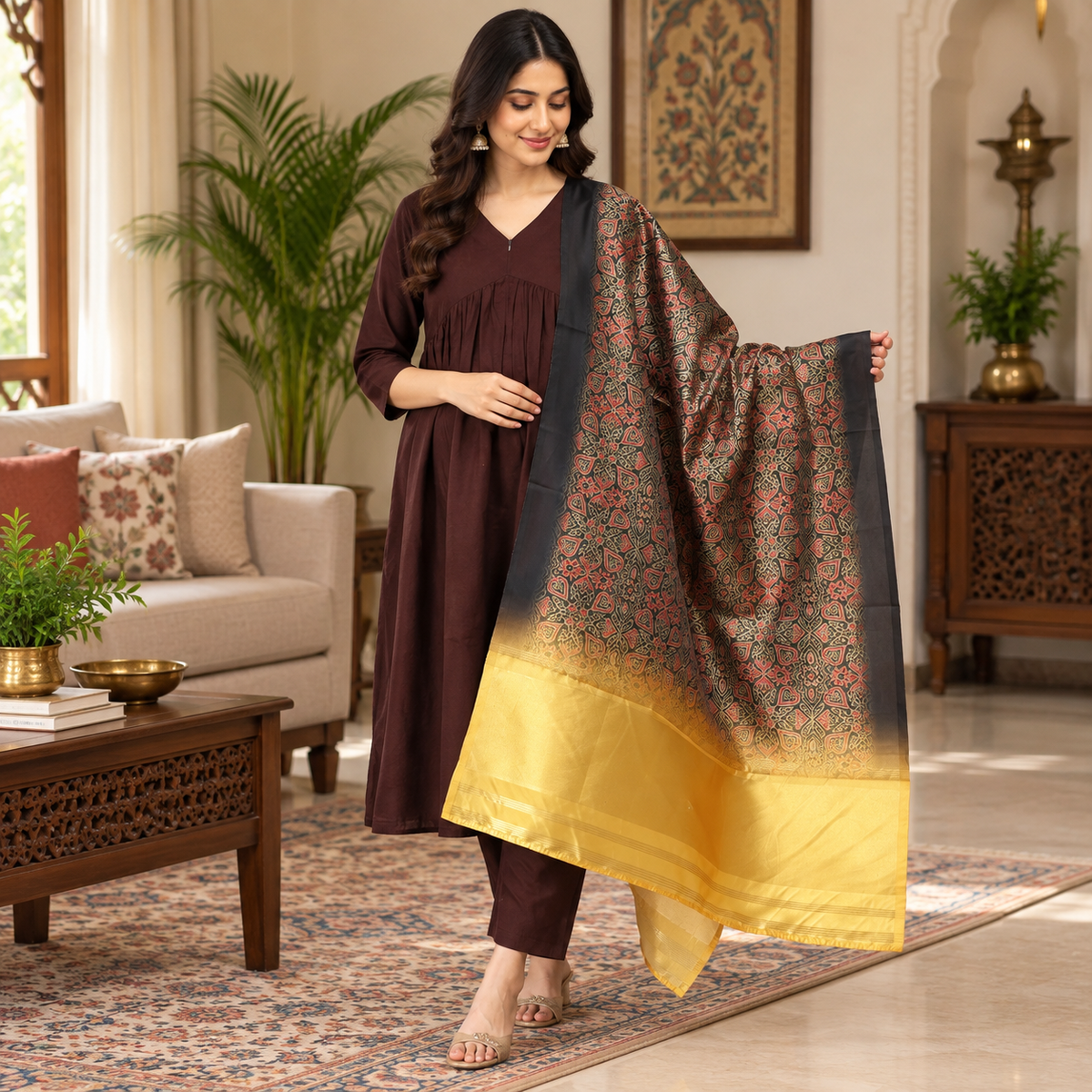 Cozy Café Maternity and Nursing Silk Kurta Set Brown