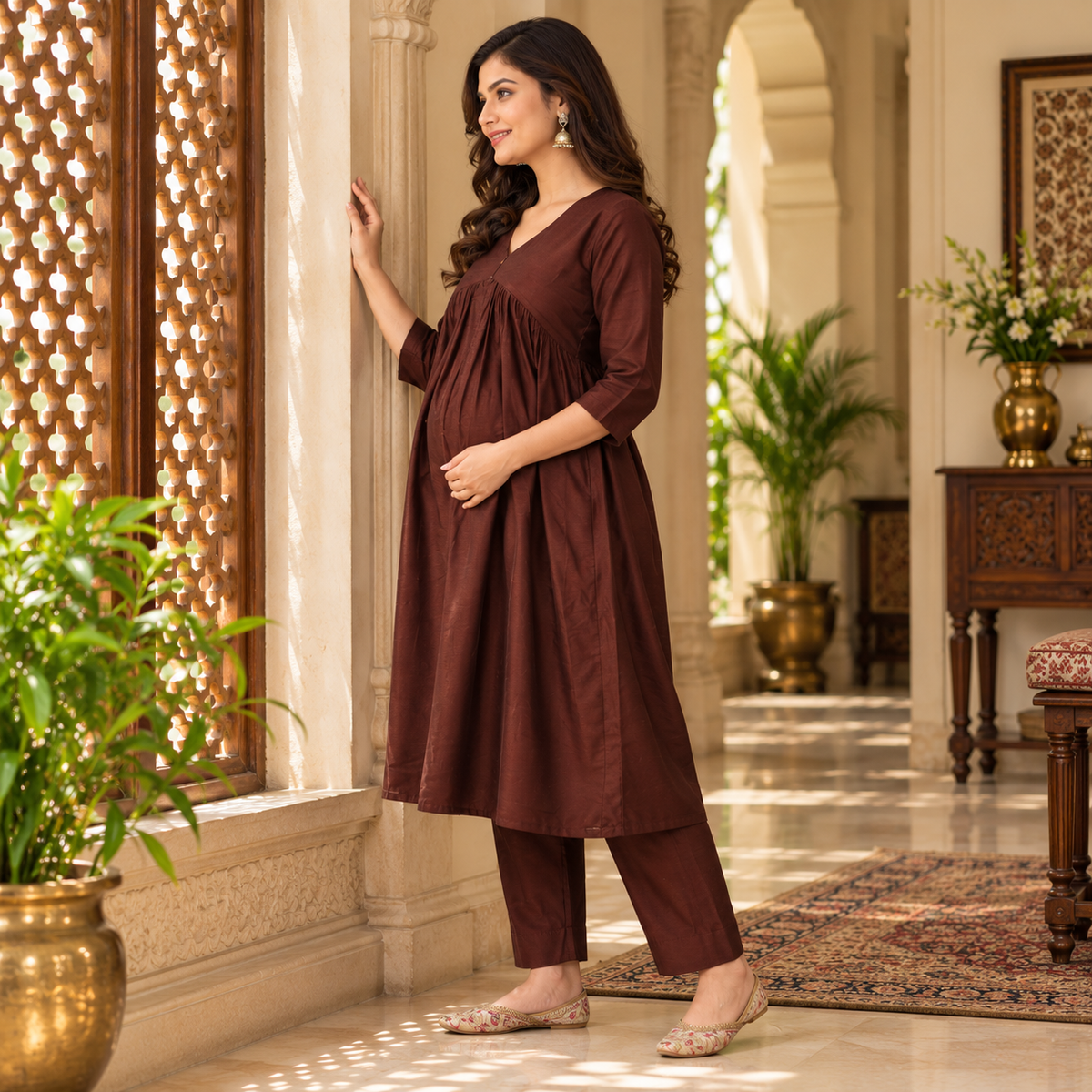 Cozy Café Maternity and Nursing Silk Kurta Set Brown