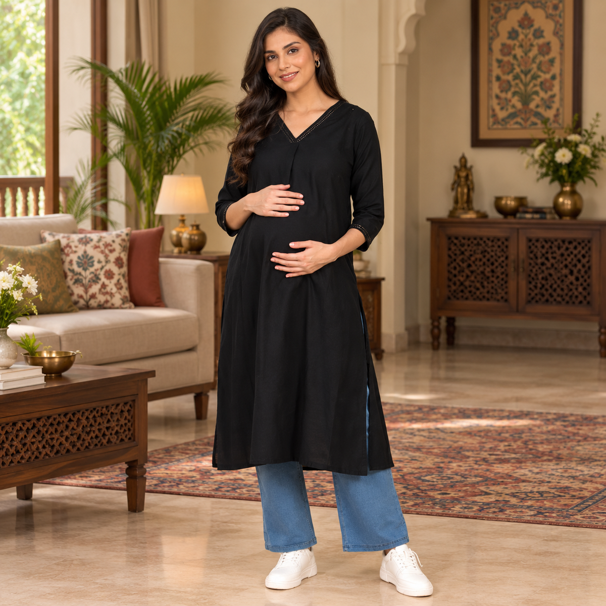Black Embroidered Maternity and Nursing Silk Kurta Black