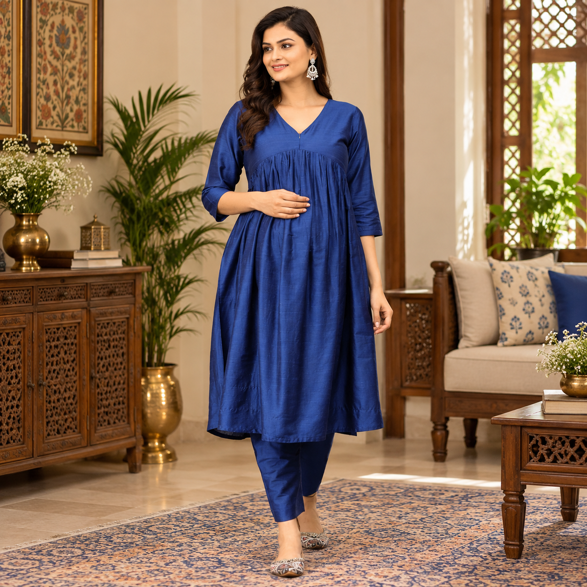 Diva Blue Maternity and Nursing Silk Kurta Set Blue