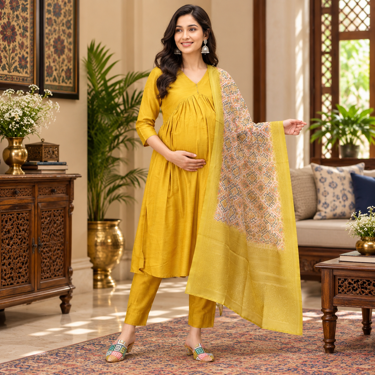 Rang-e-Kesar Maternity and Nursing Silk Kurta Set Yellow