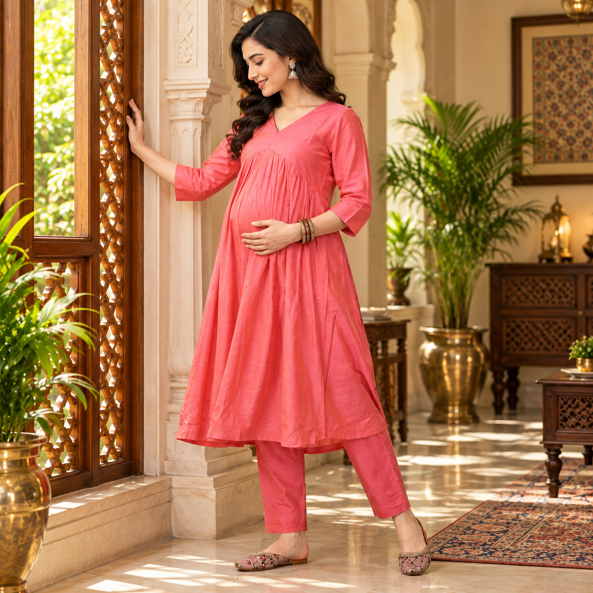 Pinking Perfect Maternity and Nursing Silk Kurta Set Pink