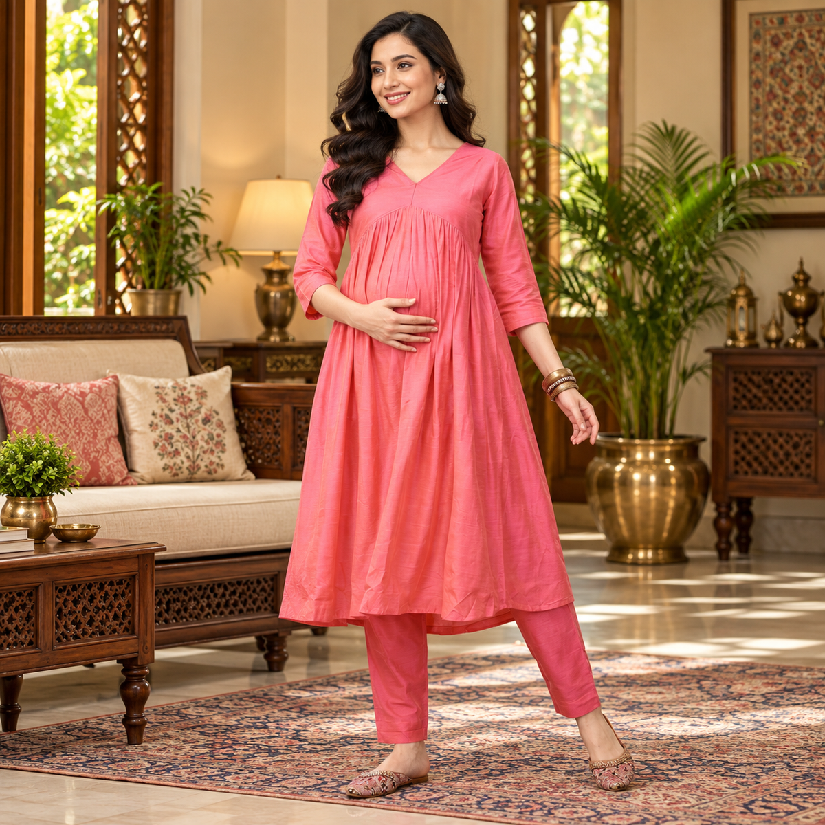Pinking Perfect Maternity and Nursing Silk Kurta Set Pink