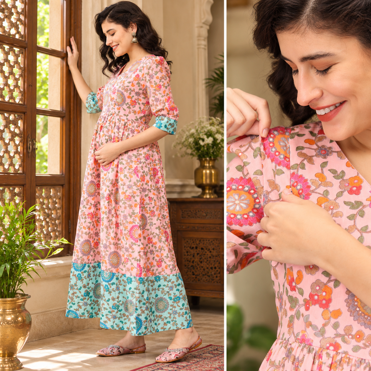 Neerja Muslin Maternity and Nursing Maxi Dress Pink