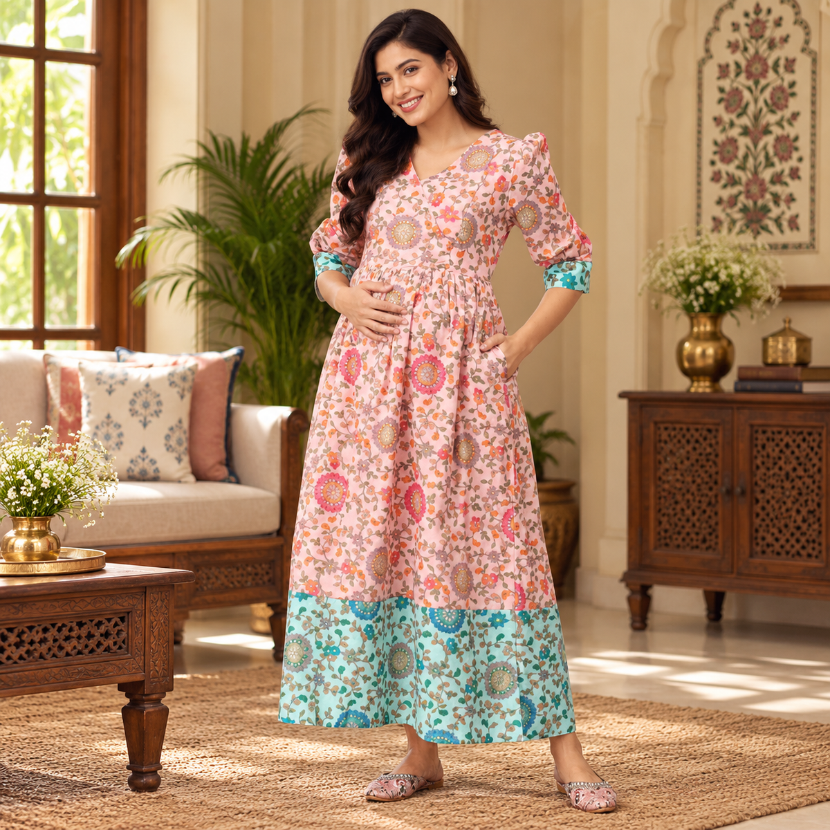 Neerja Muslin Maternity and Nursing Maxi Dress Pink