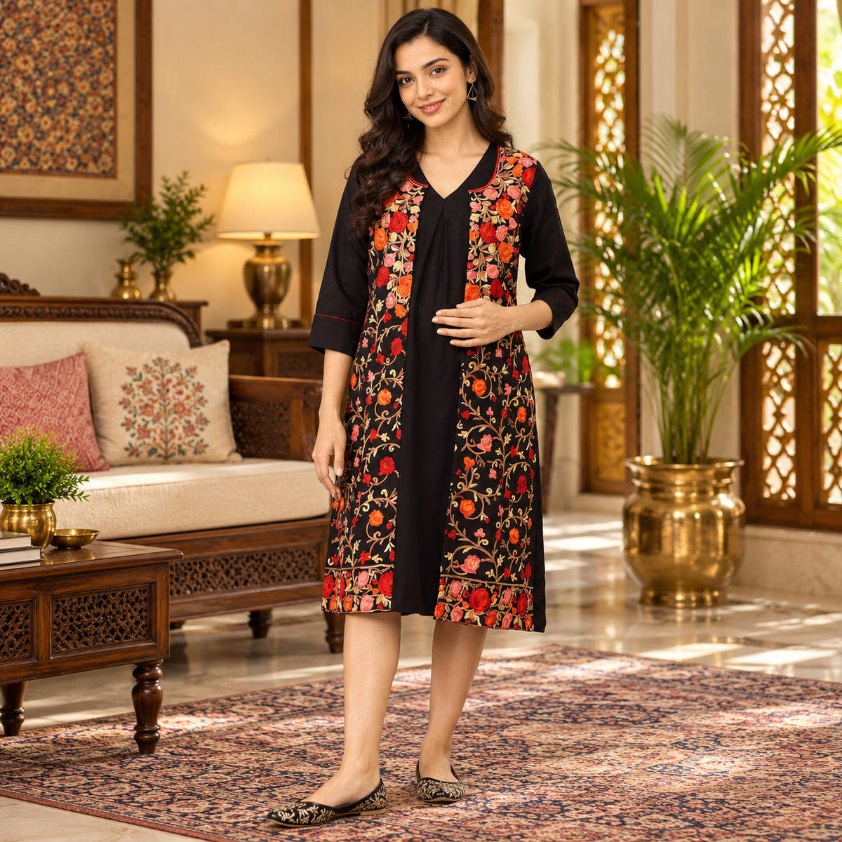 Shabnam Cashmilon Maternity and Nursing Shacket Dress Black