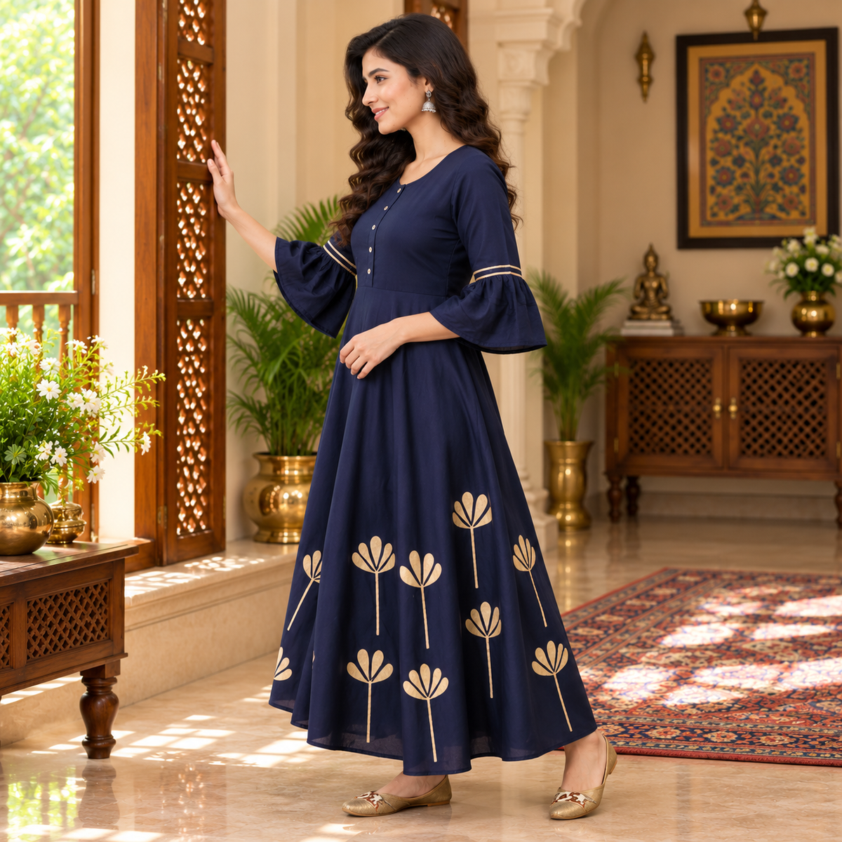 Navy Flared Floral Gold Foil Print Maternity and Nursing Kurti Navy