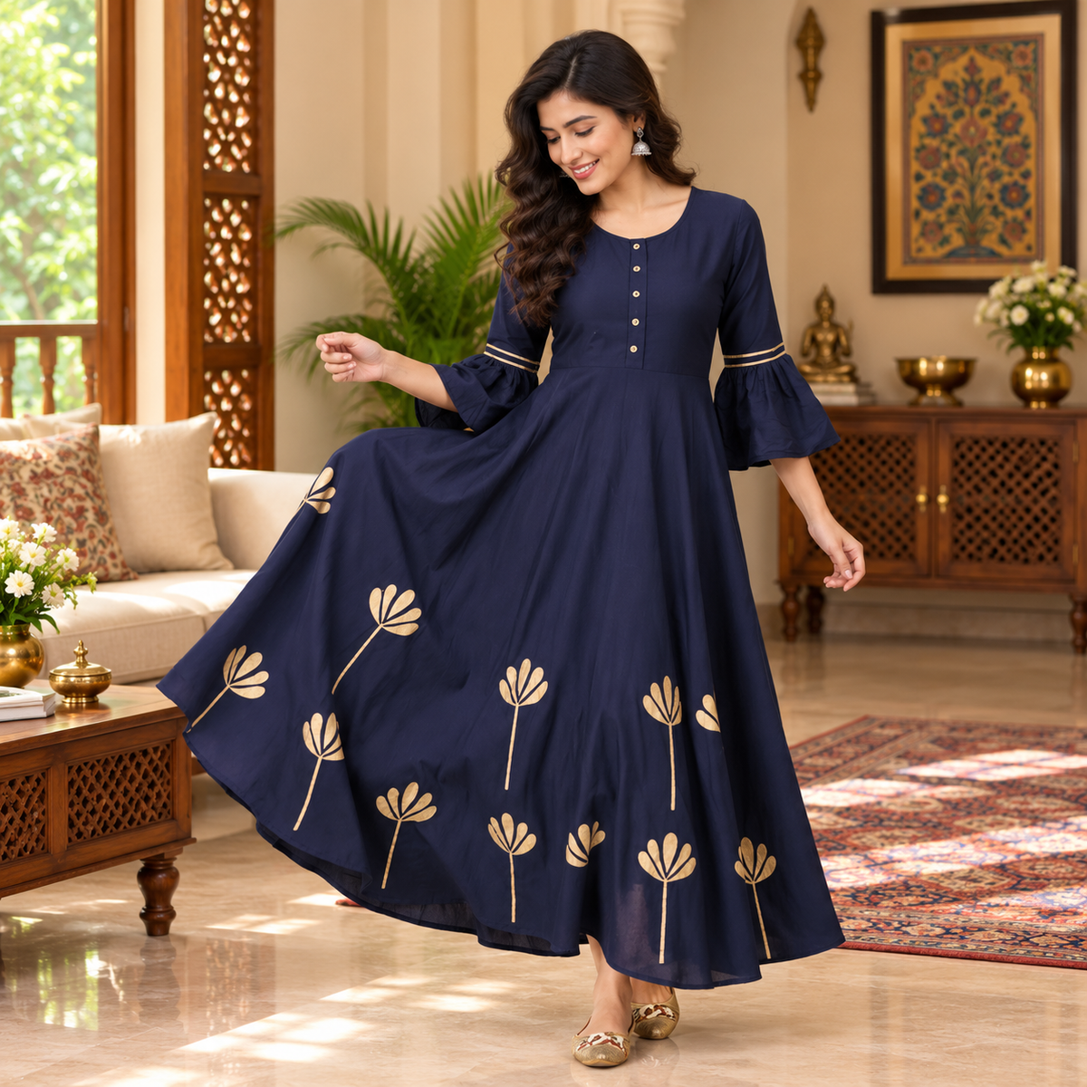 Navy Flared Floral Gold Foil Print Maternity and Nursing Kurti Navy