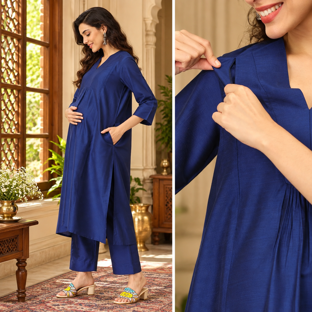 Neelam Ehsas Maternity and Nursing Silk Kurta Set Blue