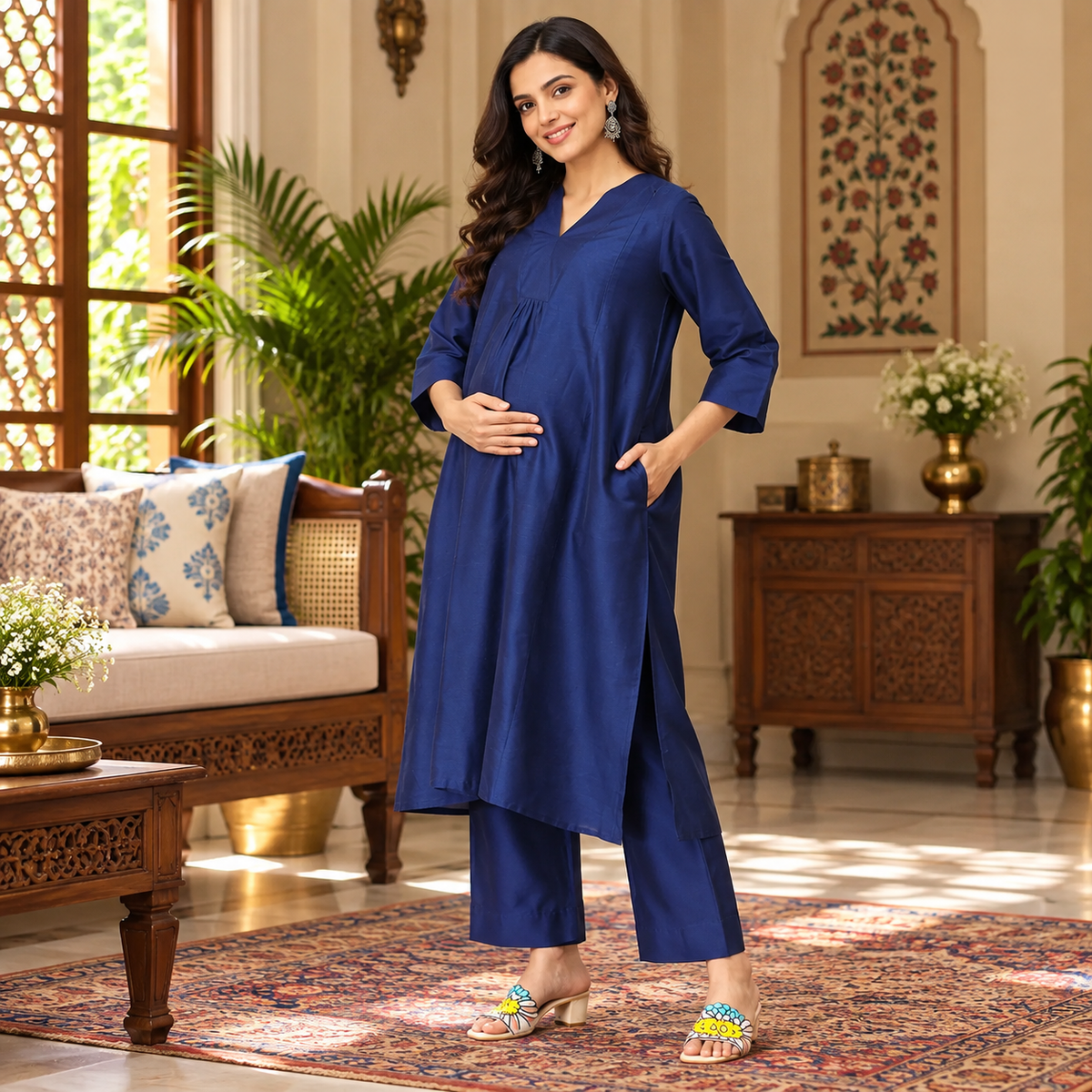 Neelam Ehsas Maternity and Nursing Silk Kurta Set Blue