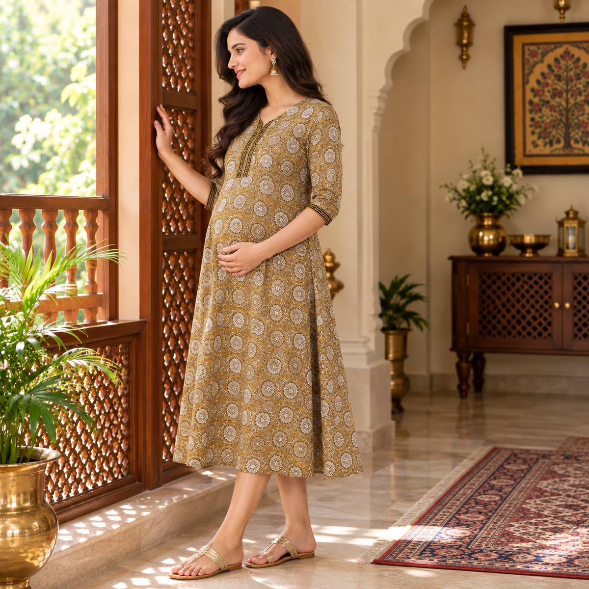 Bhumi Floral Print Maternity and Nursing Kurti Dress Blue