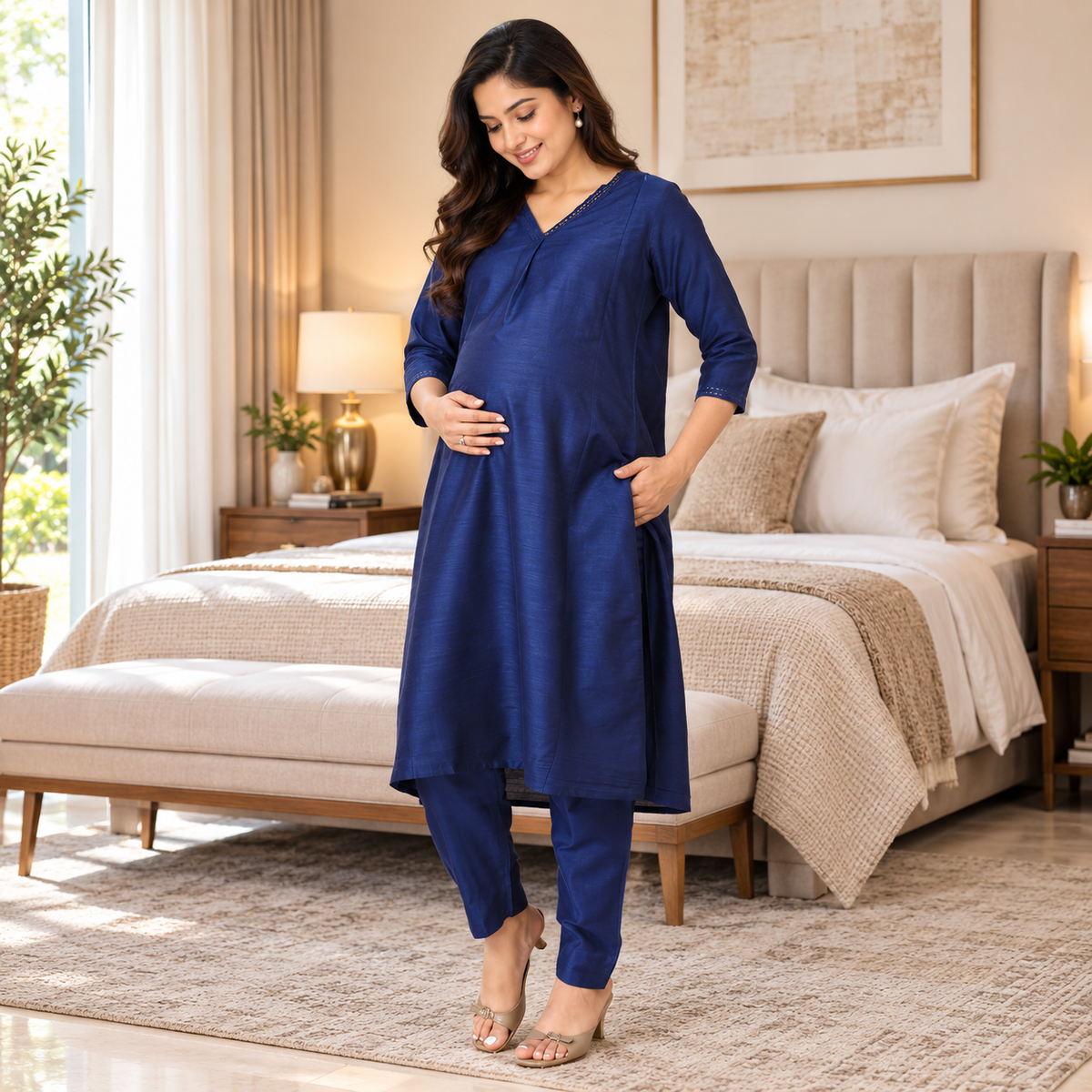 Royal Cosmic Embroidered Maternity Nursing Silk Kurta Set