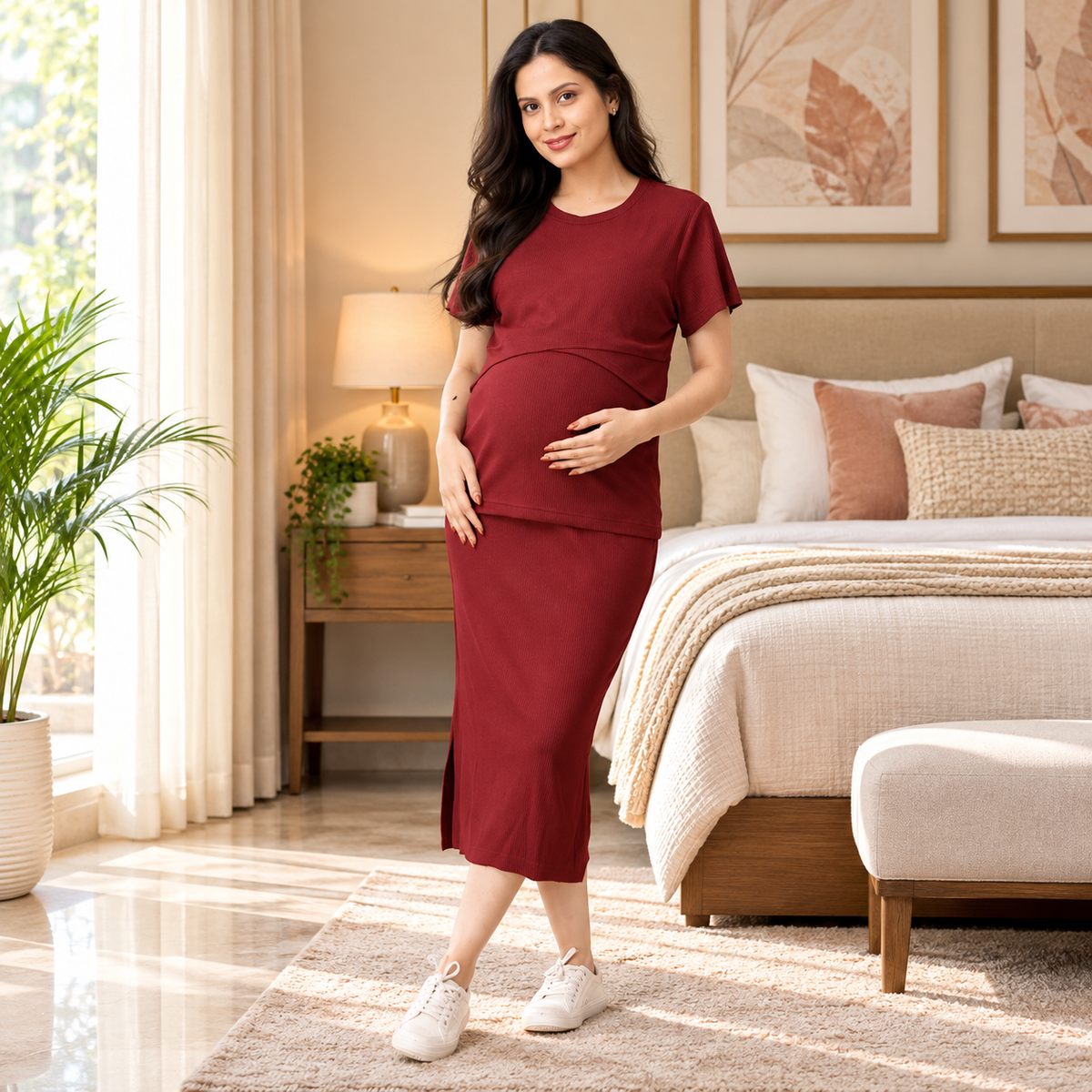 Wine & Unwind Ribbed Maternity and Nursing Co Ord Skirt Set Maroon