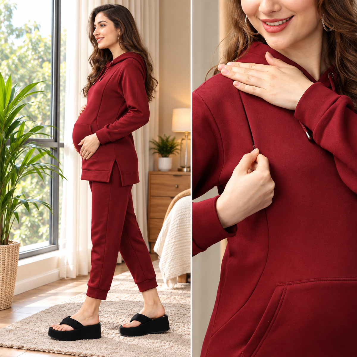 Can't Beet Me! Maternity and Nursing Hoodie Pajama Loungewear Set Maroon