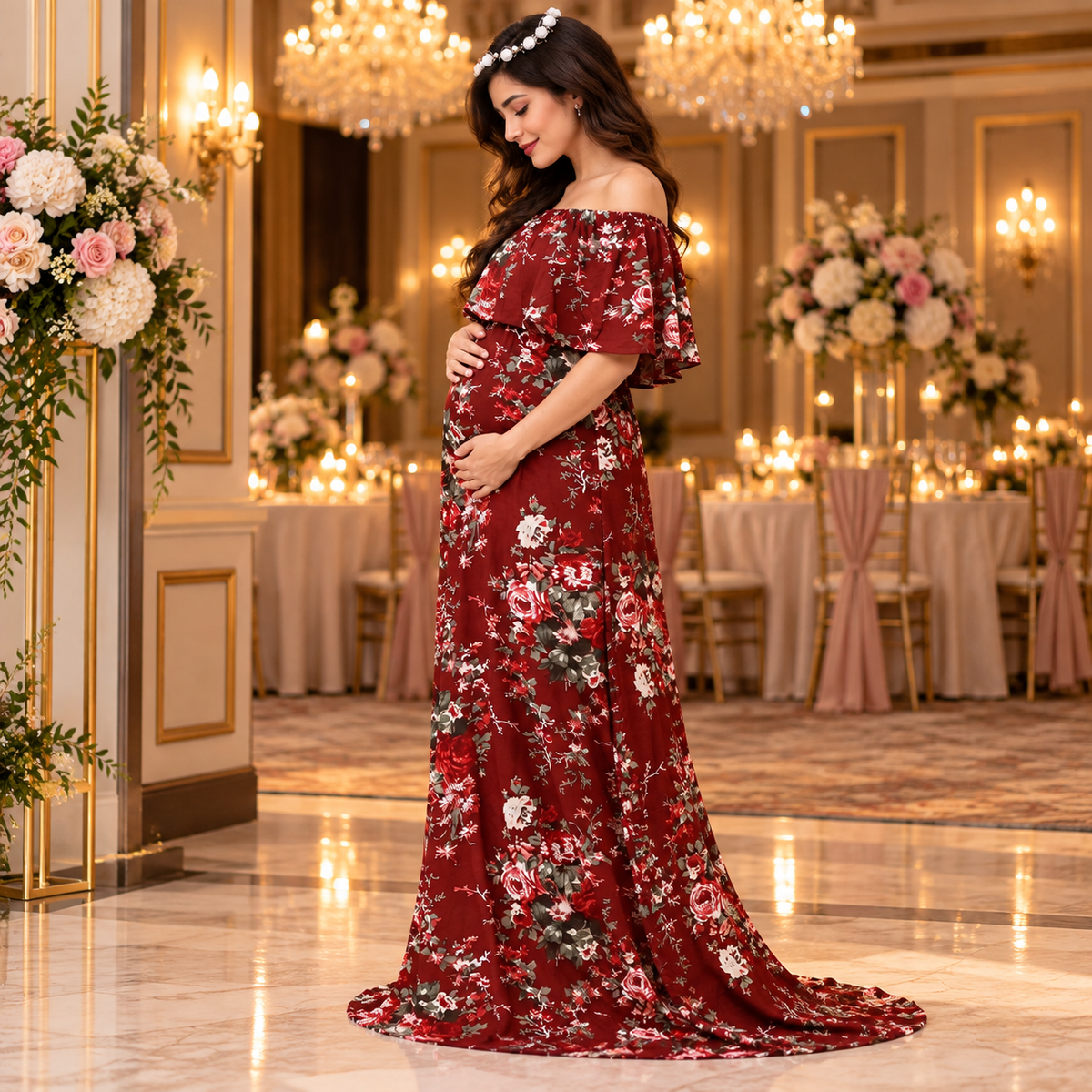 Plum And Done Floral Maternity Photoshoot Gown Maroon