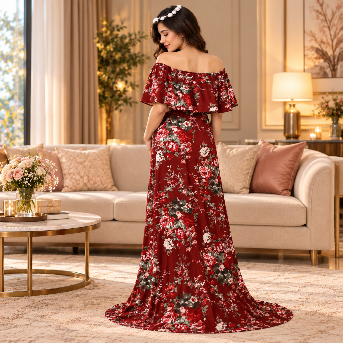 Plum And Done Floral Maternity Photoshoot Gown Maroon