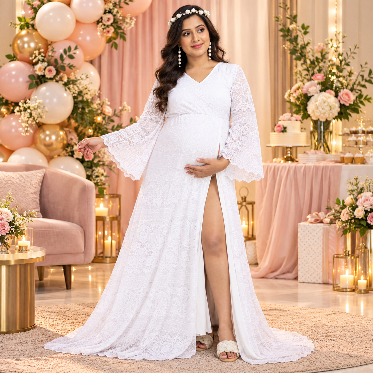 Sweet Morning Dew Lace Maternity Photoshoot Gown White