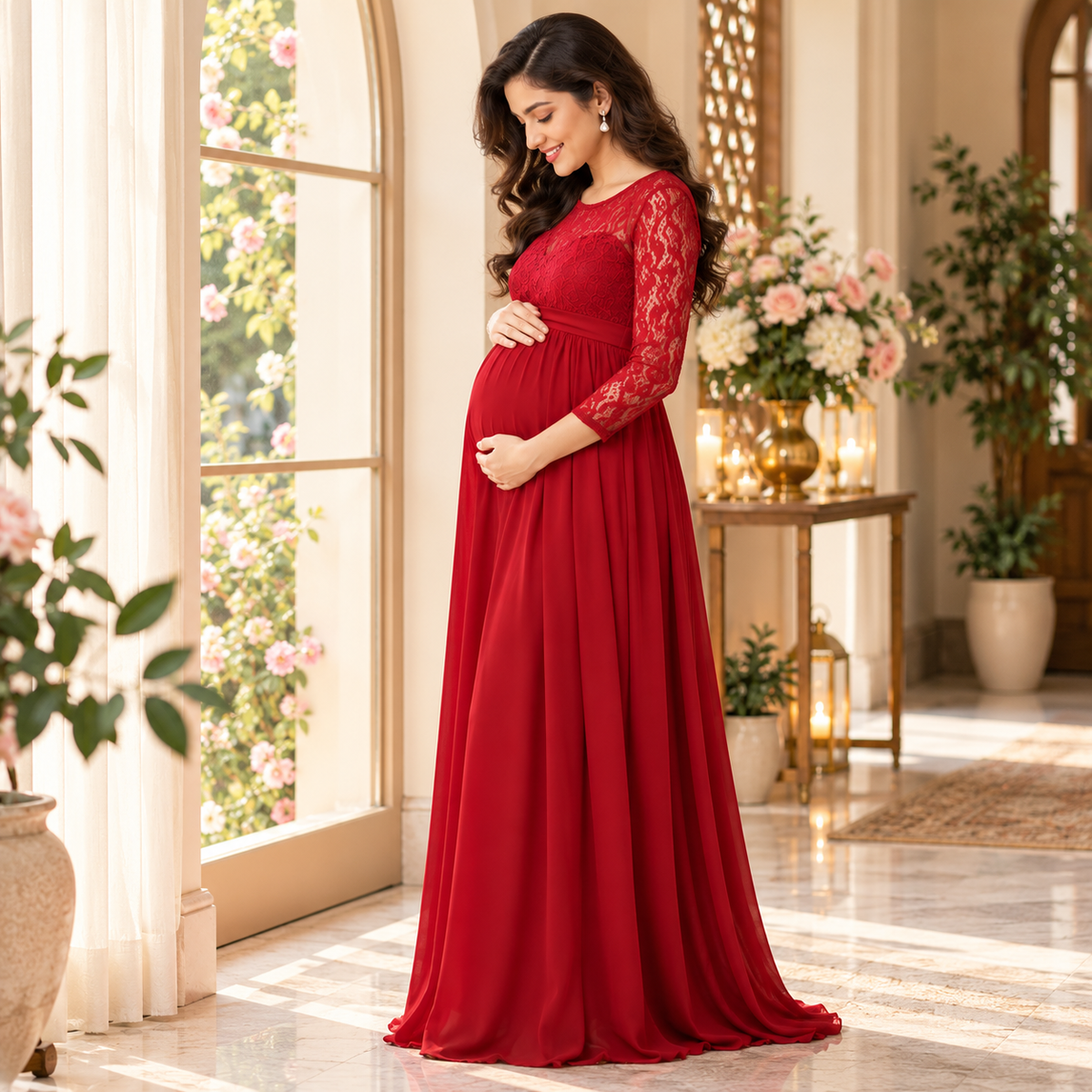 Mulberry Lace Sleeve Maternity and Nursing Gown Maroon