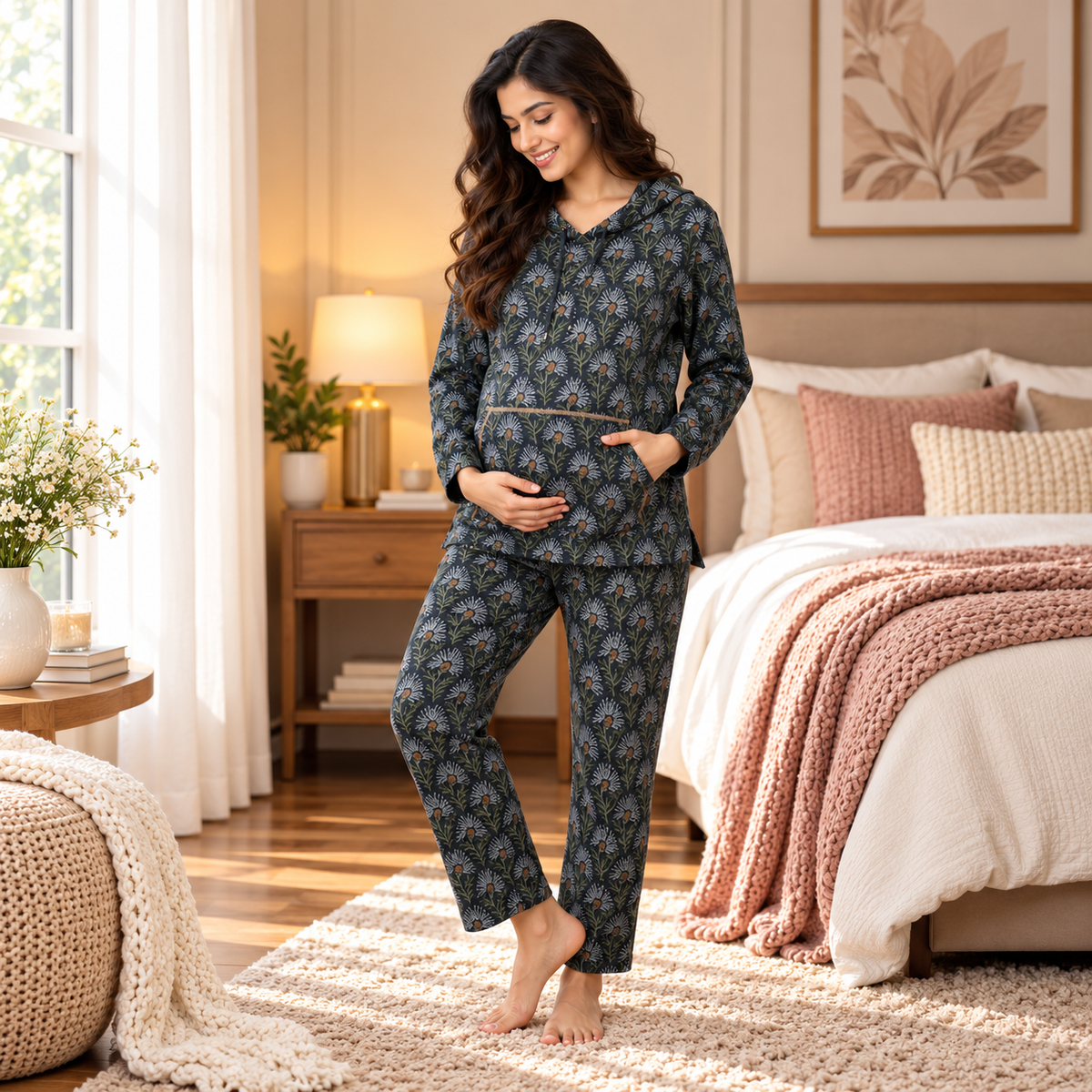 In Bloom & Blue Maternity and Nursing Hoodie Pajama Set Blue