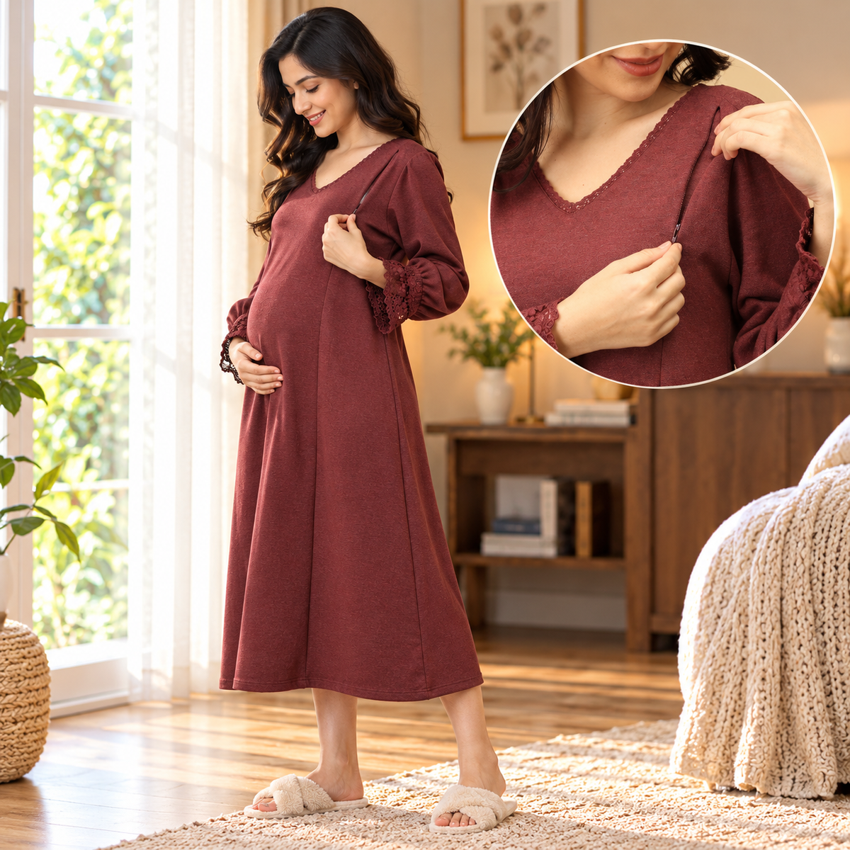 Cozy Claret Maternity and Nursing Winter Dress Maroon