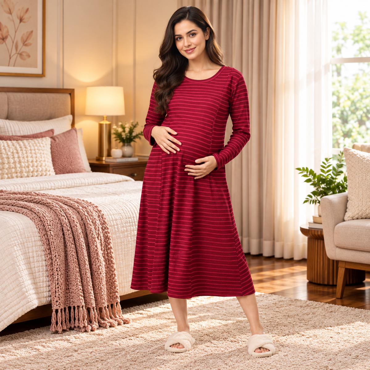 Aurora Berry-alis Ribbed Maternity and Nursing Dress Magenta
